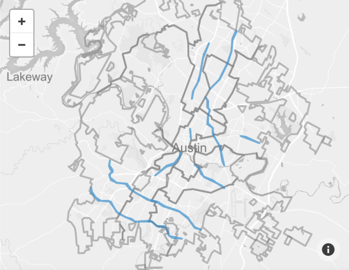 City map of Austin. There are blue lines that indicate the nine corridors eligible for funding from this program.